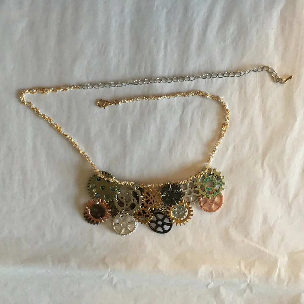 SOLD—Steampunk Handmade Steamer Mixed Metal Bib Necklace with Gears, Clocks - Picture 13 of 16